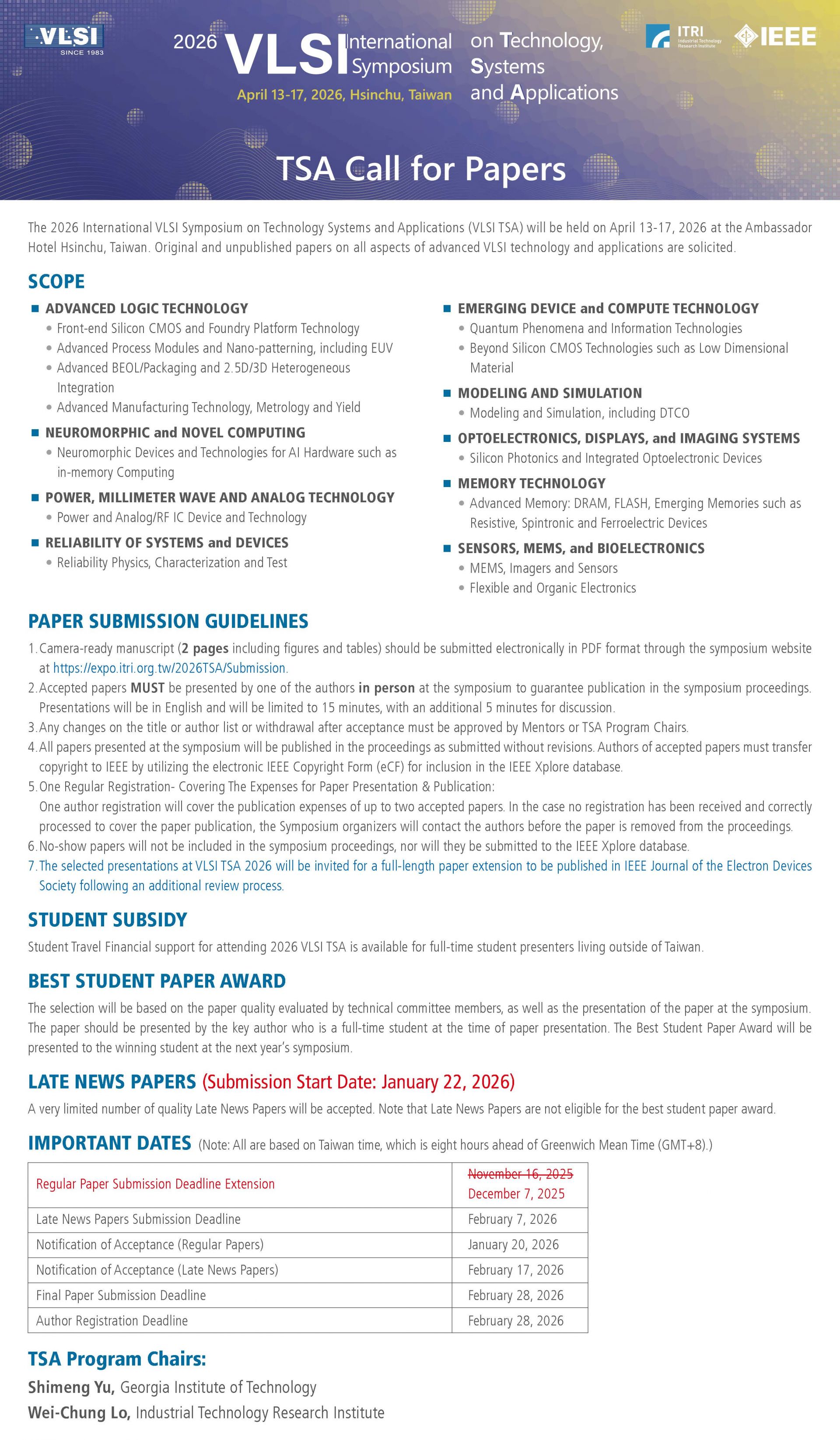 Announcement photo - 2026 VLSI TSA Call for Papers